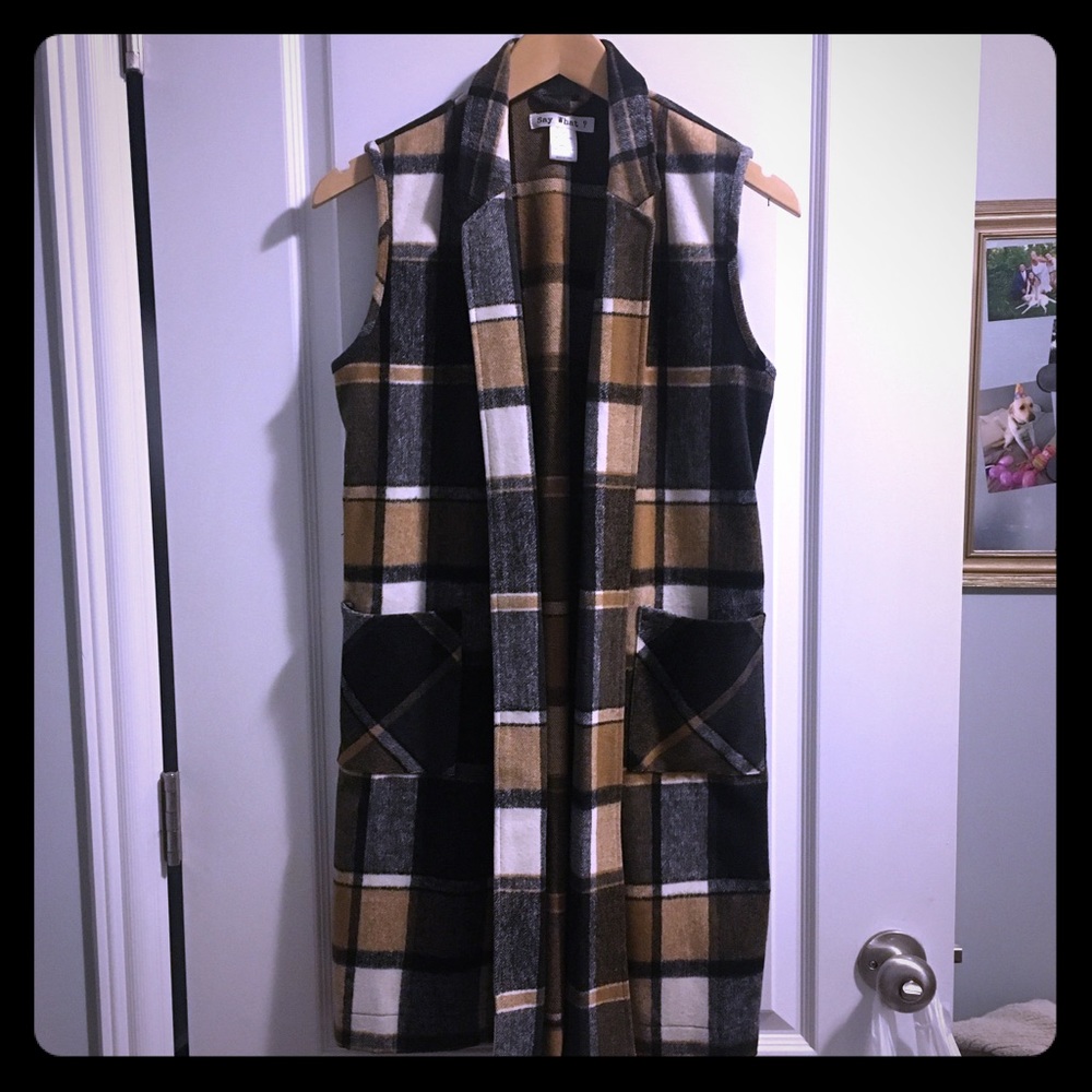 Plaid knee length cardigan vest